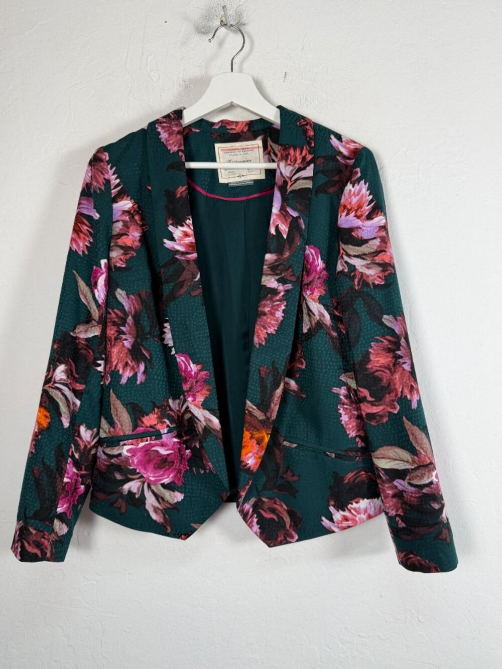 Cartonnier Anthropologie Blazer Womens Sz 8 Green Floral Open Shawl Collar NWOT